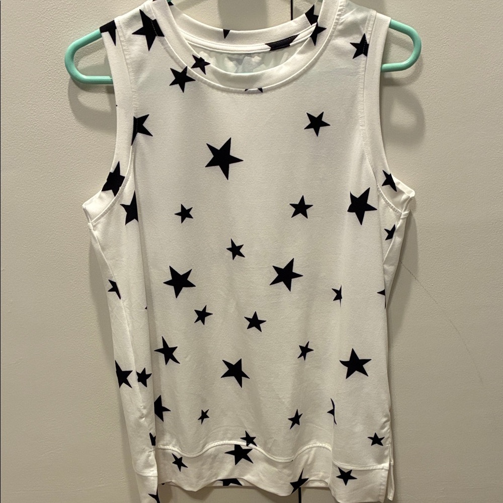 White Sleeveless Top with Navy Star Pattern
